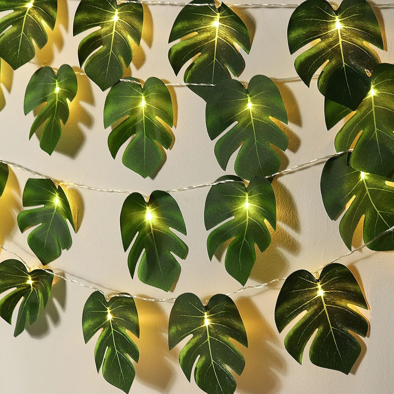 Monstera Leaf String Lights 2 Pack, 20LED Tropical Artificial Rattan Palm Green Leaves Wall Hanging Vine Greenery,Outdoor Indoor Hawaiian Luau Jungle Safari Beach Theme Party Summer Decoration